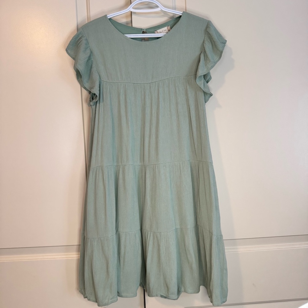 Altar'd State Light Green Mint Sage Flutter Sleeve Tiered Dress Relaxed Fit Sz L